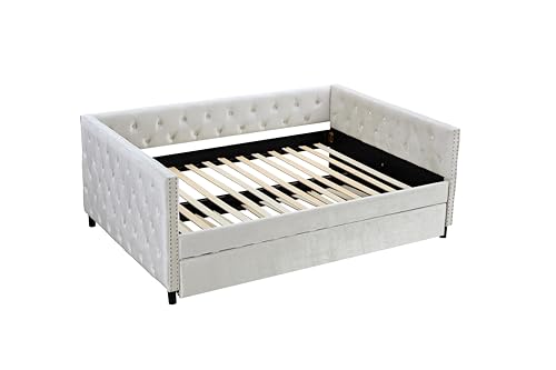 Beige Velvet Twin Size Daybed with Trundle J61115