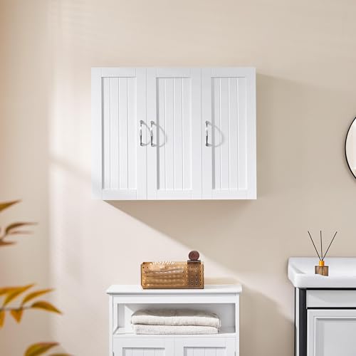 White Bathroom Wall Cabinet with Three Doors and Adjustable Shelf E662869