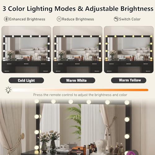 White Vanity Desk Set with Mirror and Lights, Glass Top, 9 Drawers, Power Outlet, Chair Y1688