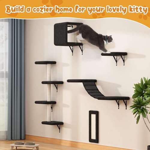 Beige 5 Pcs Wall-Mounted Cat Climber Set with Cat Shelves, Ladder, Cat Condo House, Scratching Board and Cat Tree R637739