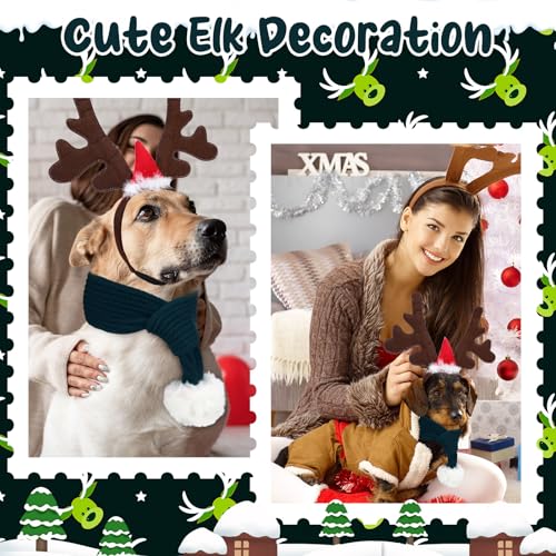2 Set Pet Christmas Costumes Dog Knitted Scarf Reindeer Antlers Headband I28631
