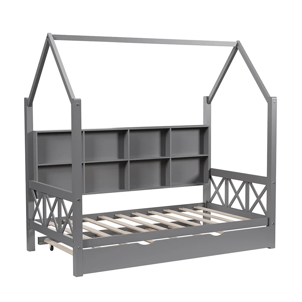 Twin House Bed with Trundle and Storage Shelve E347241