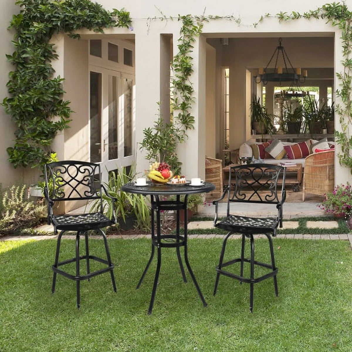 Black Cast Aluminum Outdoor Bar Table with Umbrella Hole V22958
