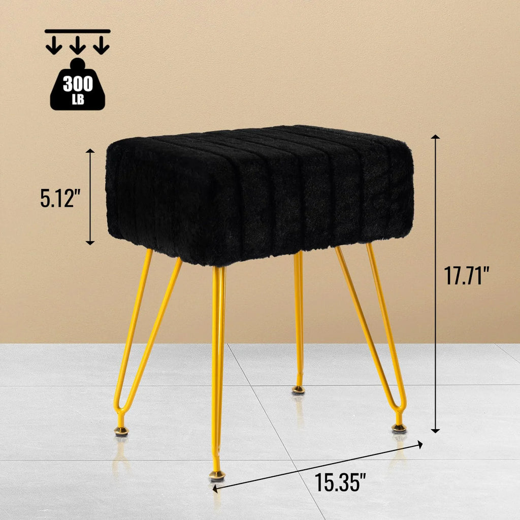 Black Faux Fur Vanity Stool with Golden Metal Legs C23833