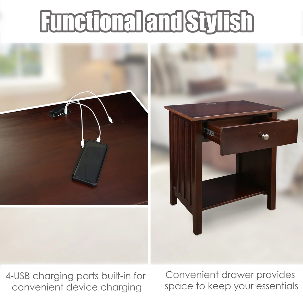 Espresso Wooden Nightstand with USB Ports and One Drawer P35859