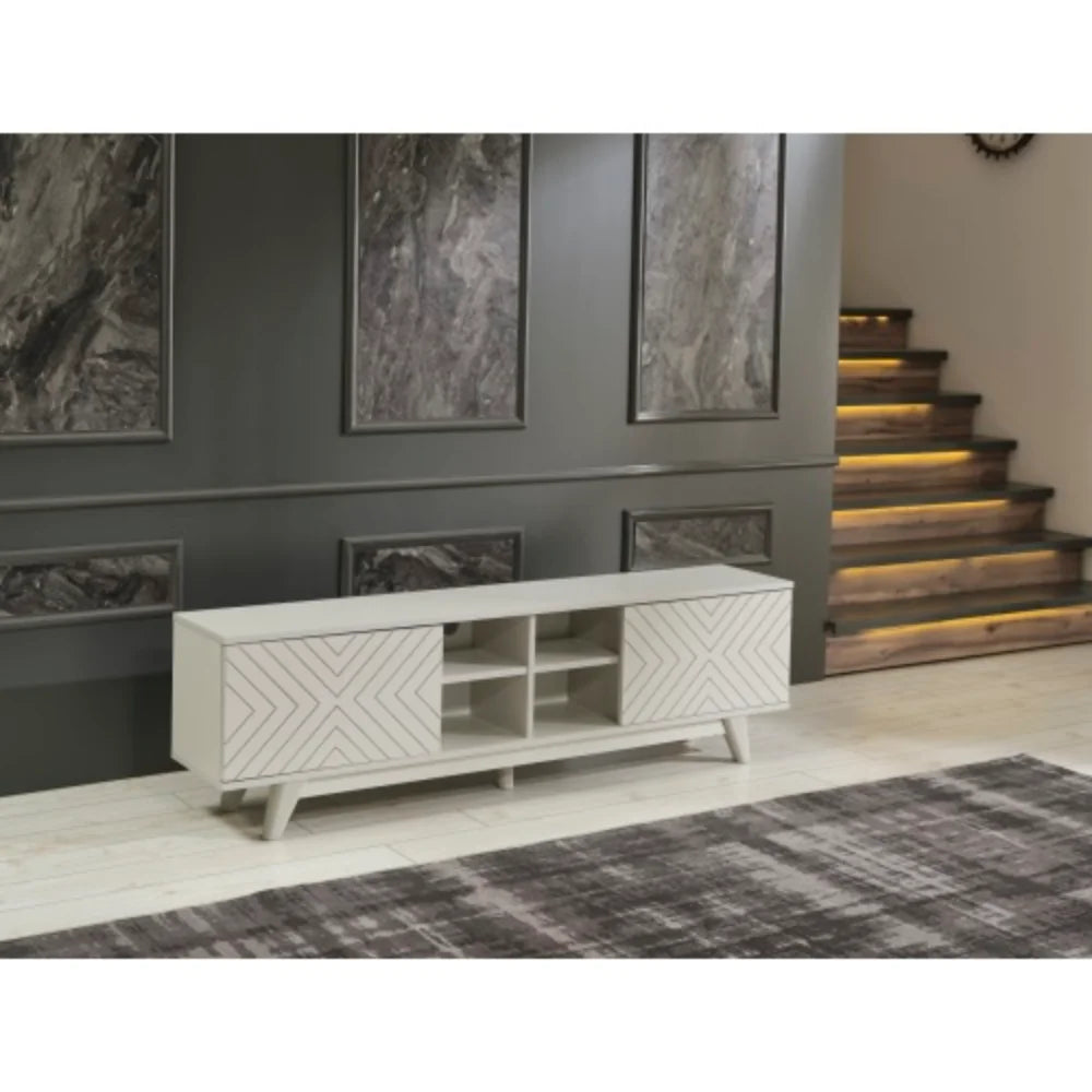 Mid Century Modern Tv Stand 2 Door Cabinet 4 Cubby Hole Shelves 67 inch Tv Unit, Grey S4401