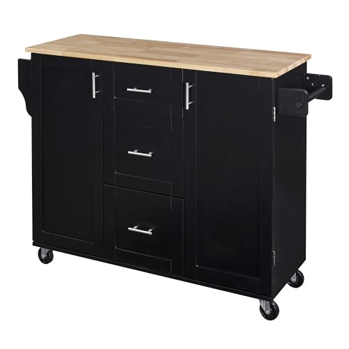 Grey Blue Rolling Kitchen Cart with 3 Drawers and Rubber Wood Top G51753