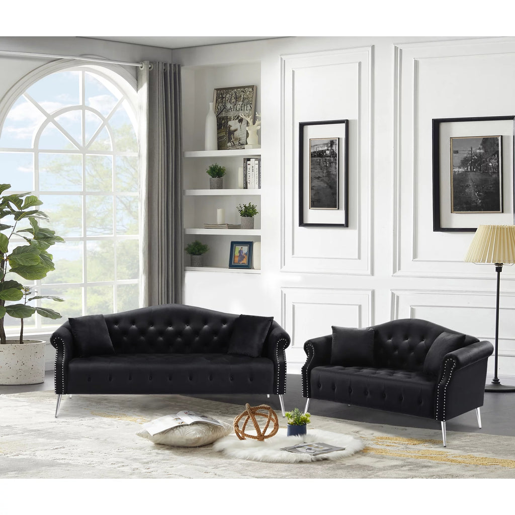 Black Velvet Chesterfield Sofa with 4 Pillows M3881