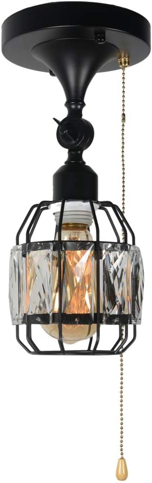 Black Metal Round Semi Flush Mount Ceiling Light with Pull Chain 3 Lights E26 L35696