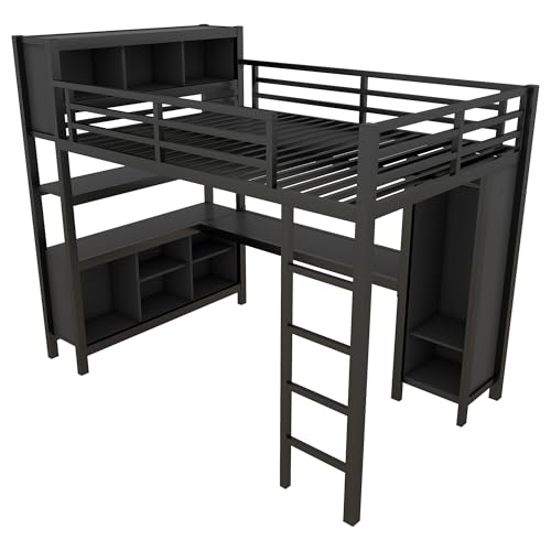 Full Size Black Metal Loft Bed with Wardrobe and Desk U56291