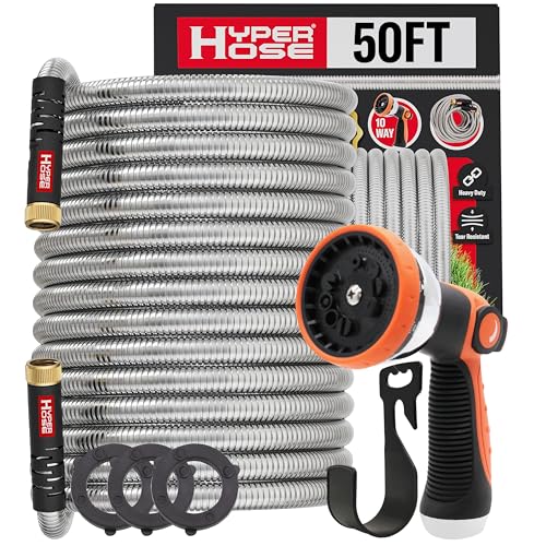 100 ft Stainless Steel Garden Hose Set with Spray Nozzle & Hook T8238