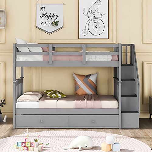 White Twin Over Twin Solid Wood Bunk Bed with Stairs and Trundle I985680