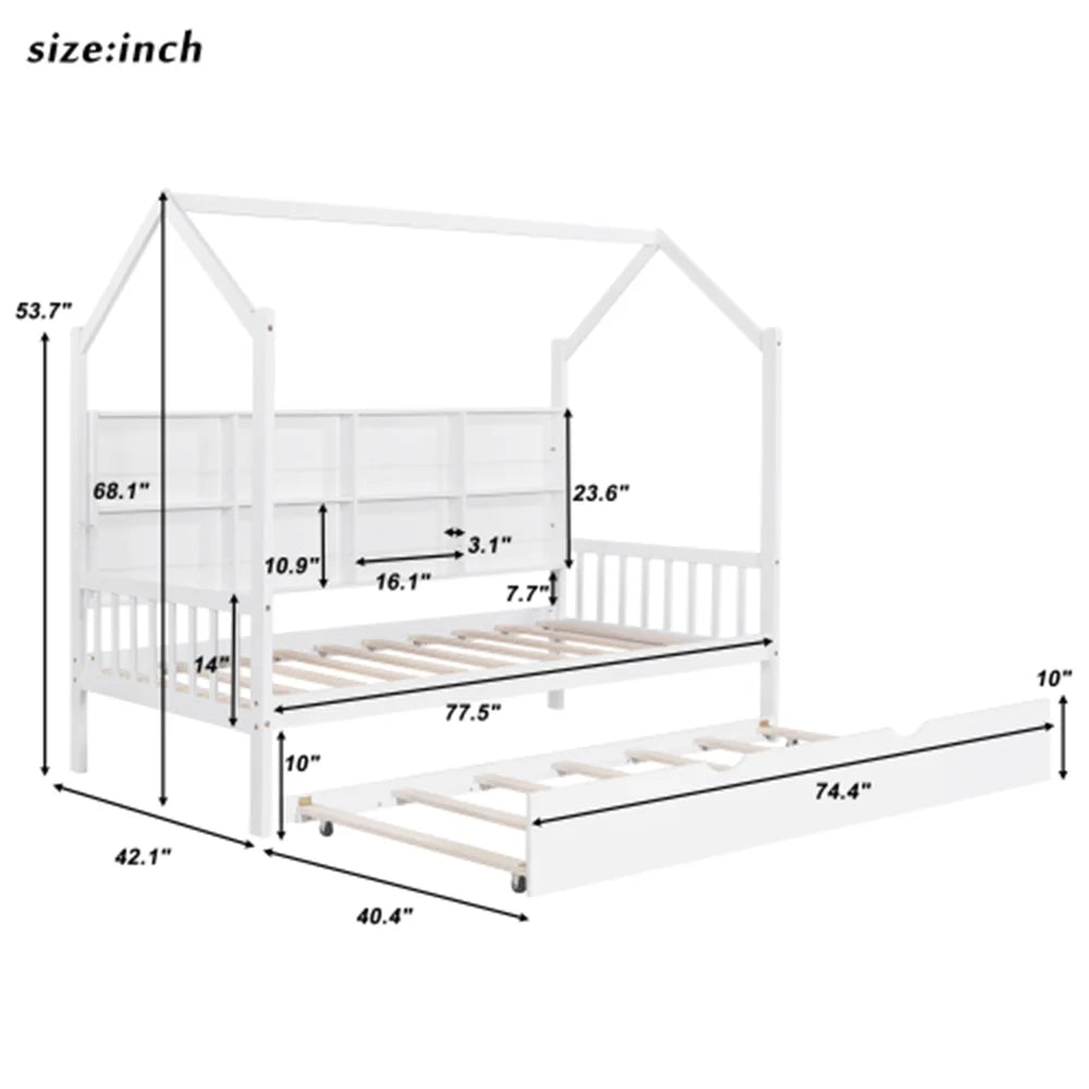Twin House Bed with Trundle and Storage Shelve E347241