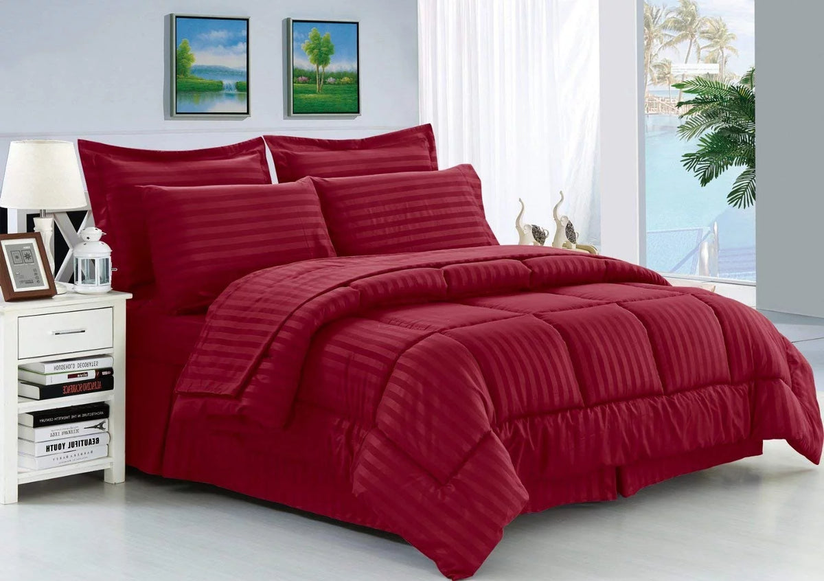 8 Piece Silky Soft Stripe Comforter Bed Sheet Set King Cal King Burgundy C13715