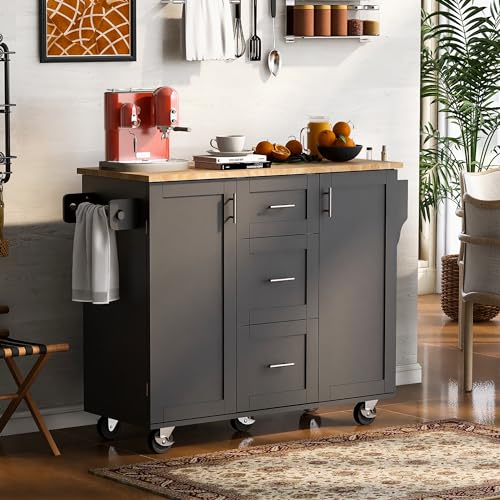 Grey Blue Rolling Kitchen Cart with 3 Drawers and Rubber Wood Top G51753