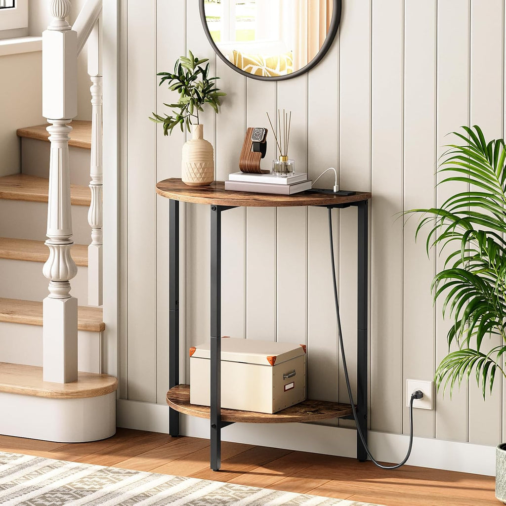 Rustic Brown and Black Half Moon Table with Charging Station Q263