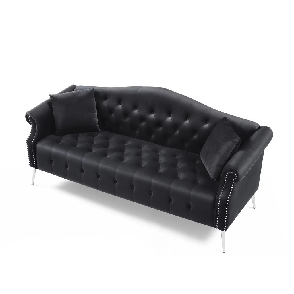 Black Velvet Chesterfield Sofa with 4 Pillows M3881