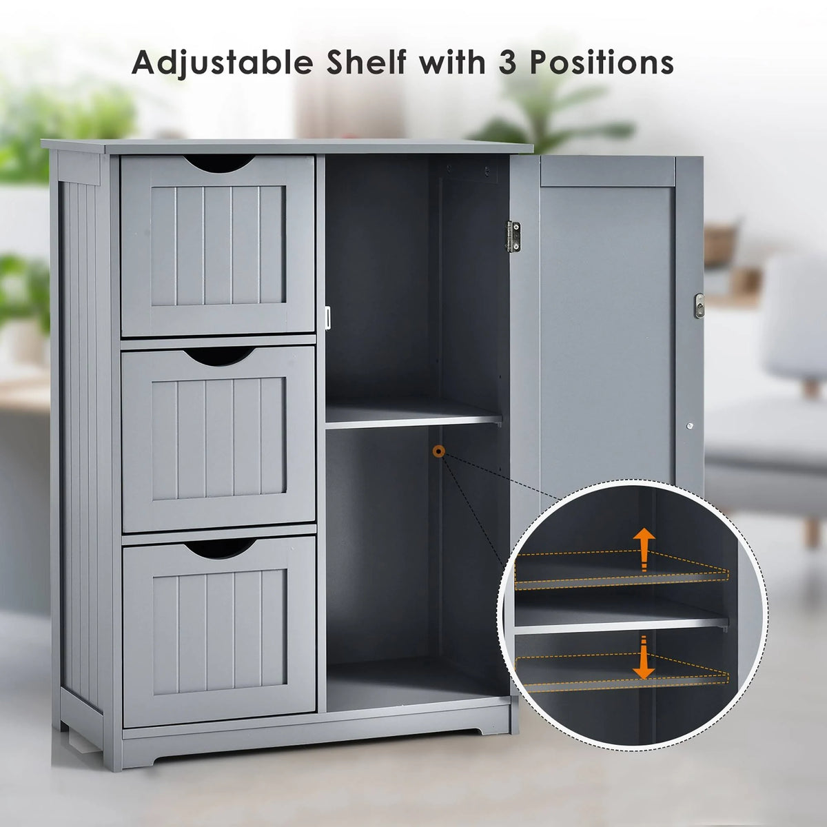 Grey Wooden Bathroom Floor Cabinet with 1 Cupboard and 3 Drawers J36163