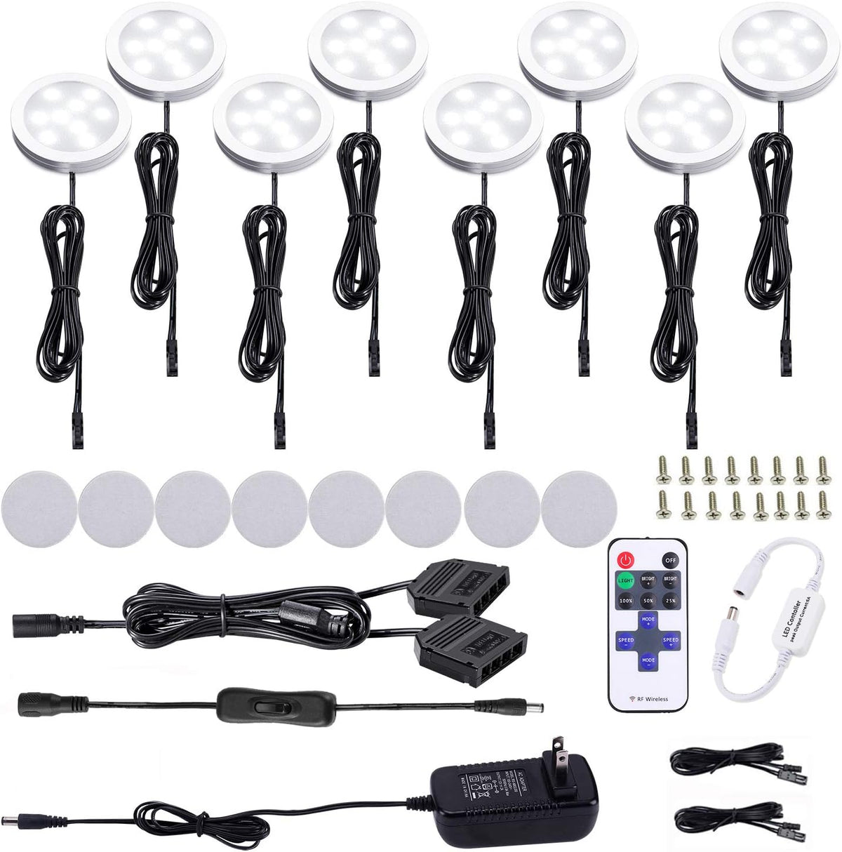 Black Cord Aluminum Puck Lights 8 Pack Dimmable with RF Wireless Remote Control V646