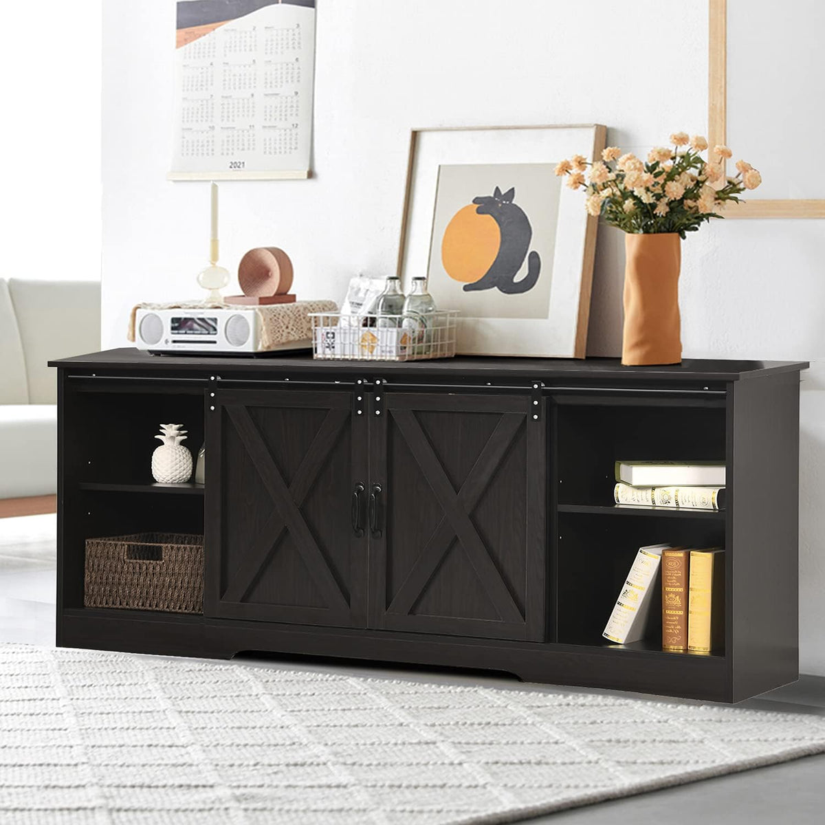Espresso TV Stand with Sliding Barn Door Entertainment Center V34976