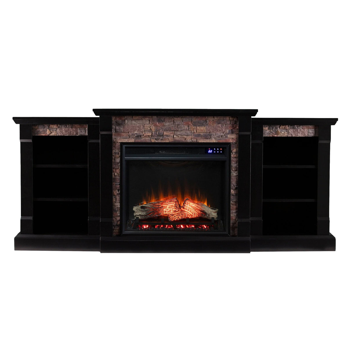Black Faux Stone Electric Fireplace with Bookcases N72108