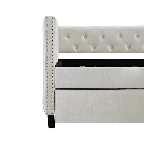 Beige Velvet Twin Size Daybed with Trundle J61115