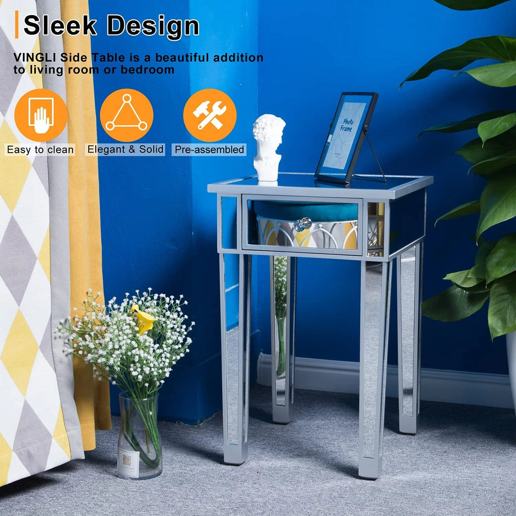 Mirrored End Table with Drawer Silver 15.7" L x 15.7" W x 24" H K8032