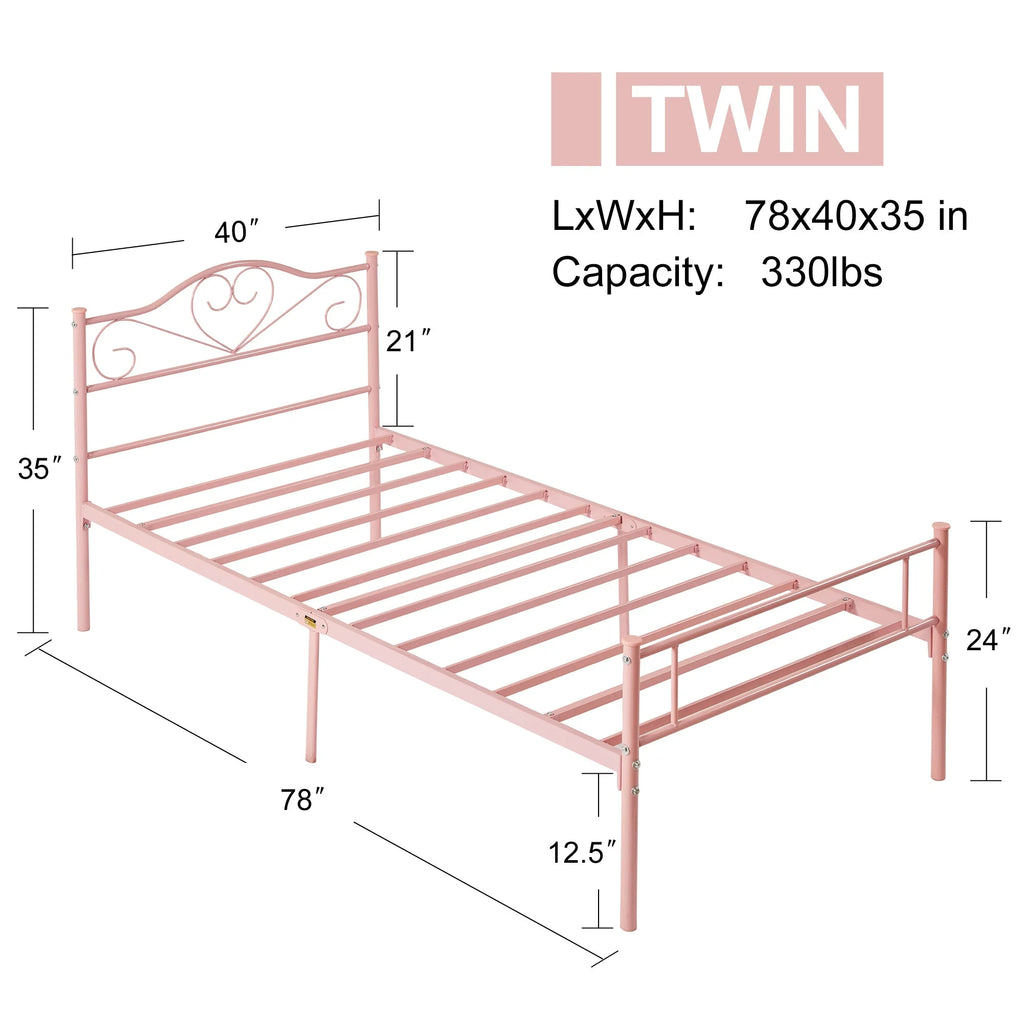 Set of 2 Twin Size White Metal Platform Bed Frame with Headboard M199