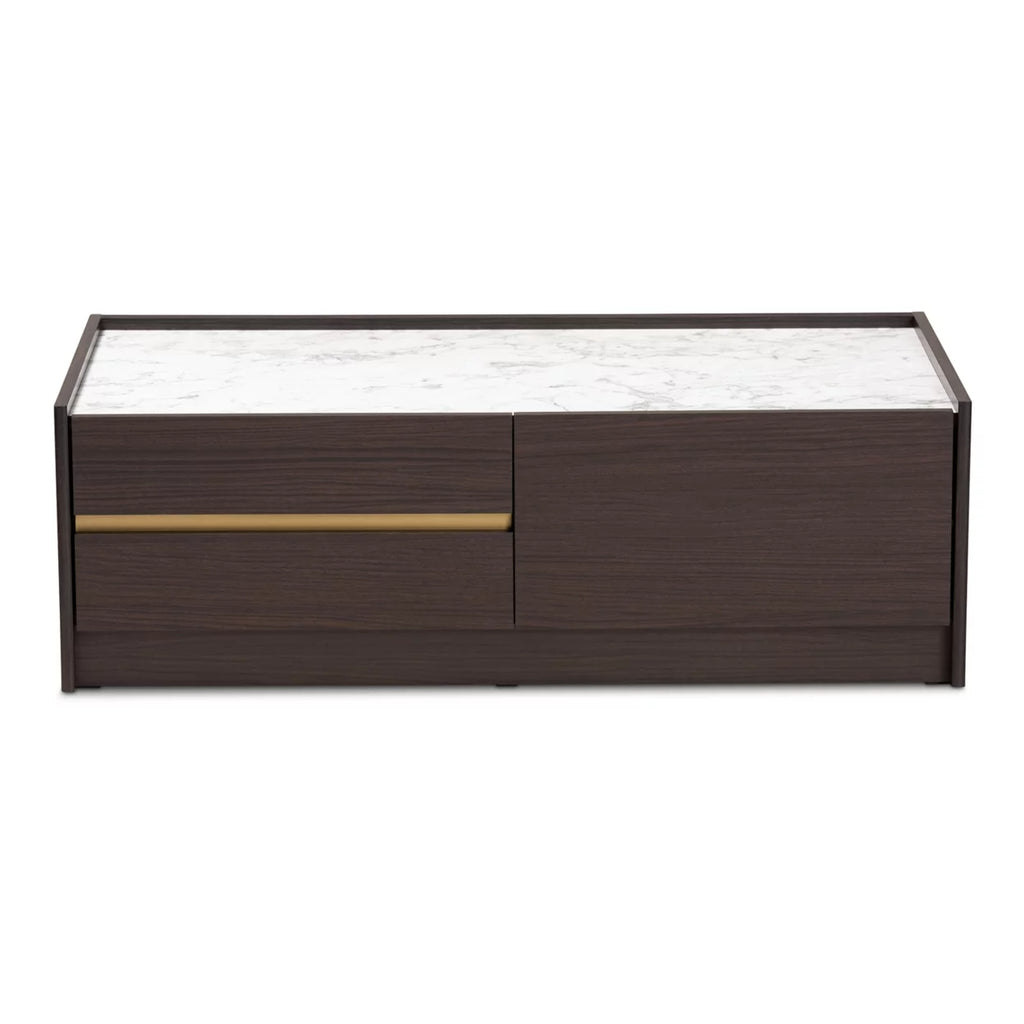 Dark Brown Gold Wood Coffee Table with Faux Marble Top X59105