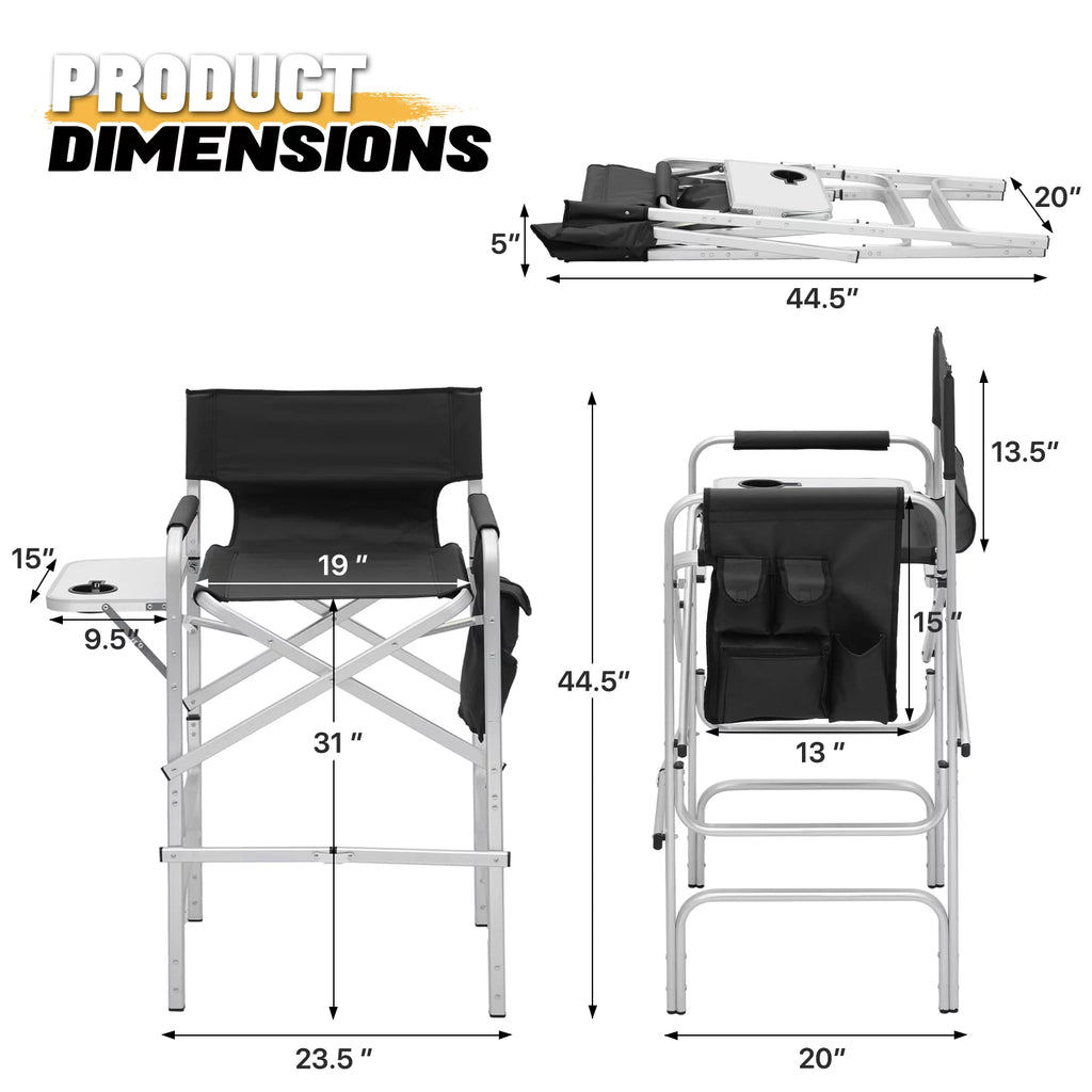 Folding Camping Director Chair with Side Table & Storage Pocket, Black X18067