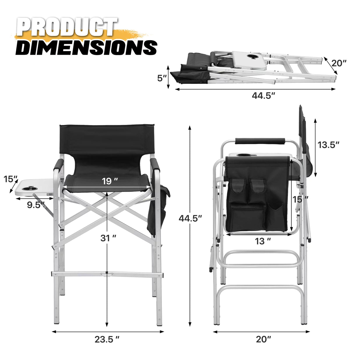 Folding Camping Director Chair with Side Table & Storage Pocket, Black X18067