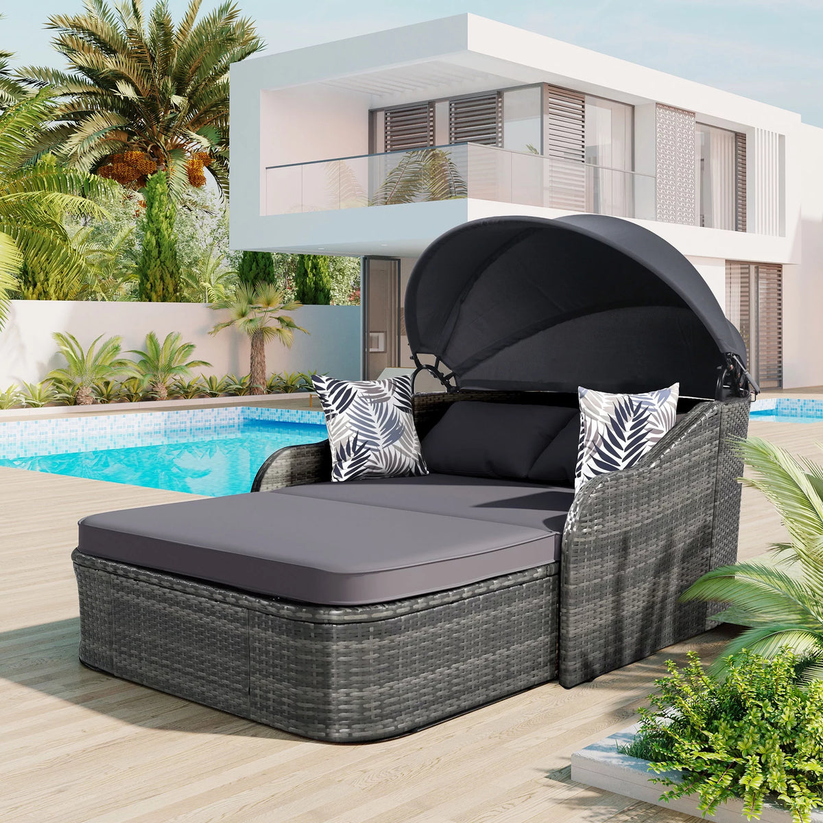PE Rattan Double Lounge Daybed with Canopy and Cushions V2088