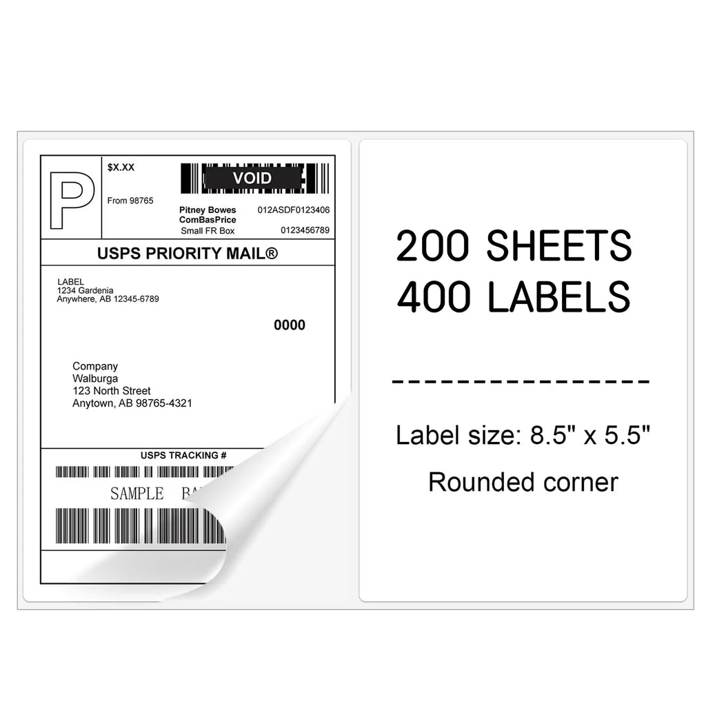 Half Sheet Labels with Rounded Corner, White Shipping Labels - 5-1/2" X 8-1/2" - 400 Labels H453033