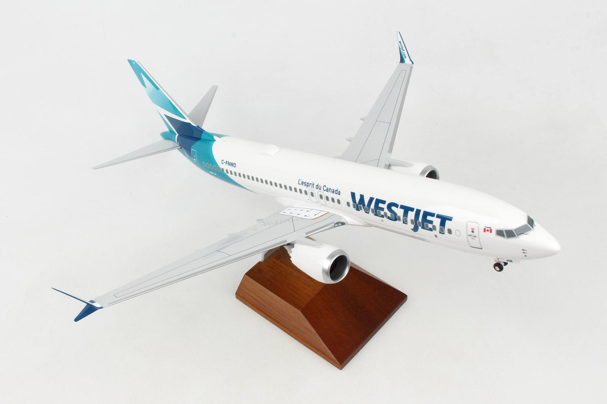 Westjet Boeing 737-MAX8 Scale 1 by 100 with Wood Stand & Gear Y549706