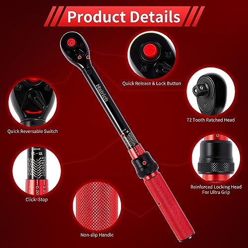 3/8-Inch Torque Wrench, Dual-direction 10-45ft.lb/13.6-61Nm, 72-Tooth Dual Range Scales with Quick Release Reversible Head Y732928
