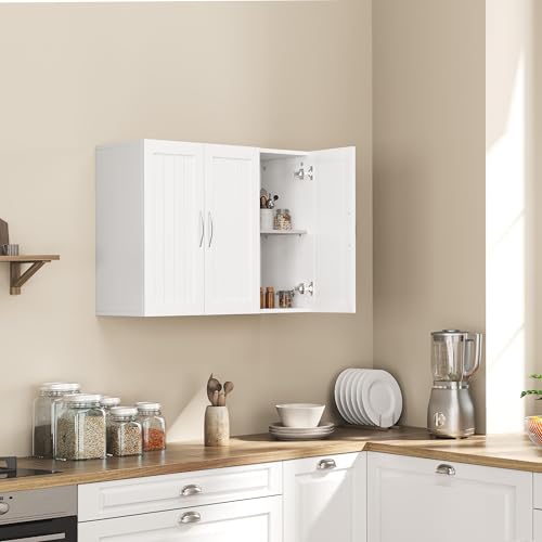 White Bathroom Wall Cabinet with Three Doors and Adjustable Shelf E662869