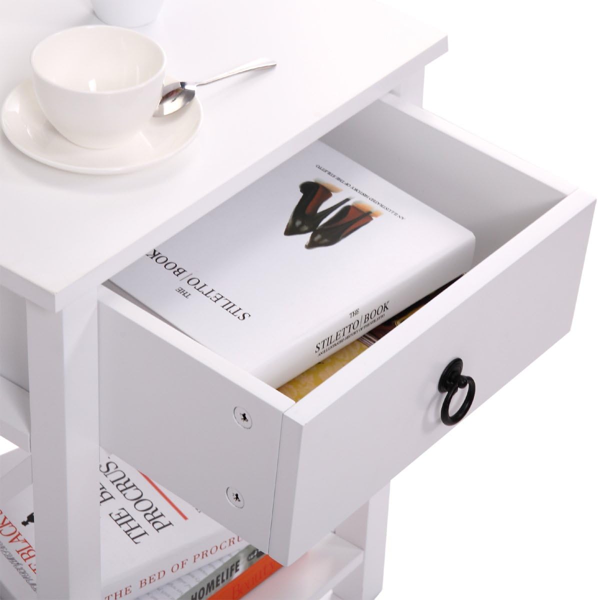 White 2 X-Design Nightstand with Drawer and Shelf I37040