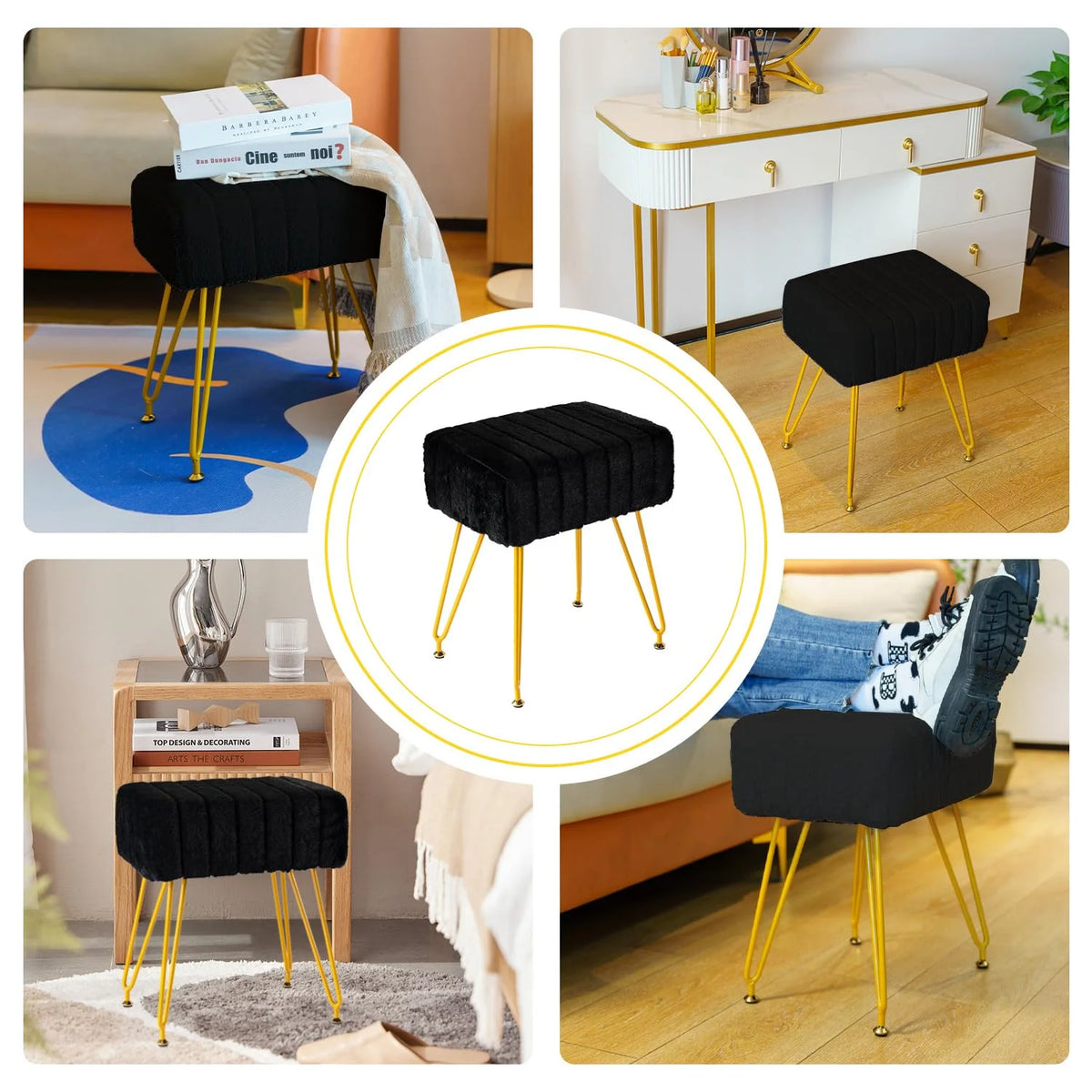 Black Faux Fur Vanity Stool with Golden Metal Legs C23833