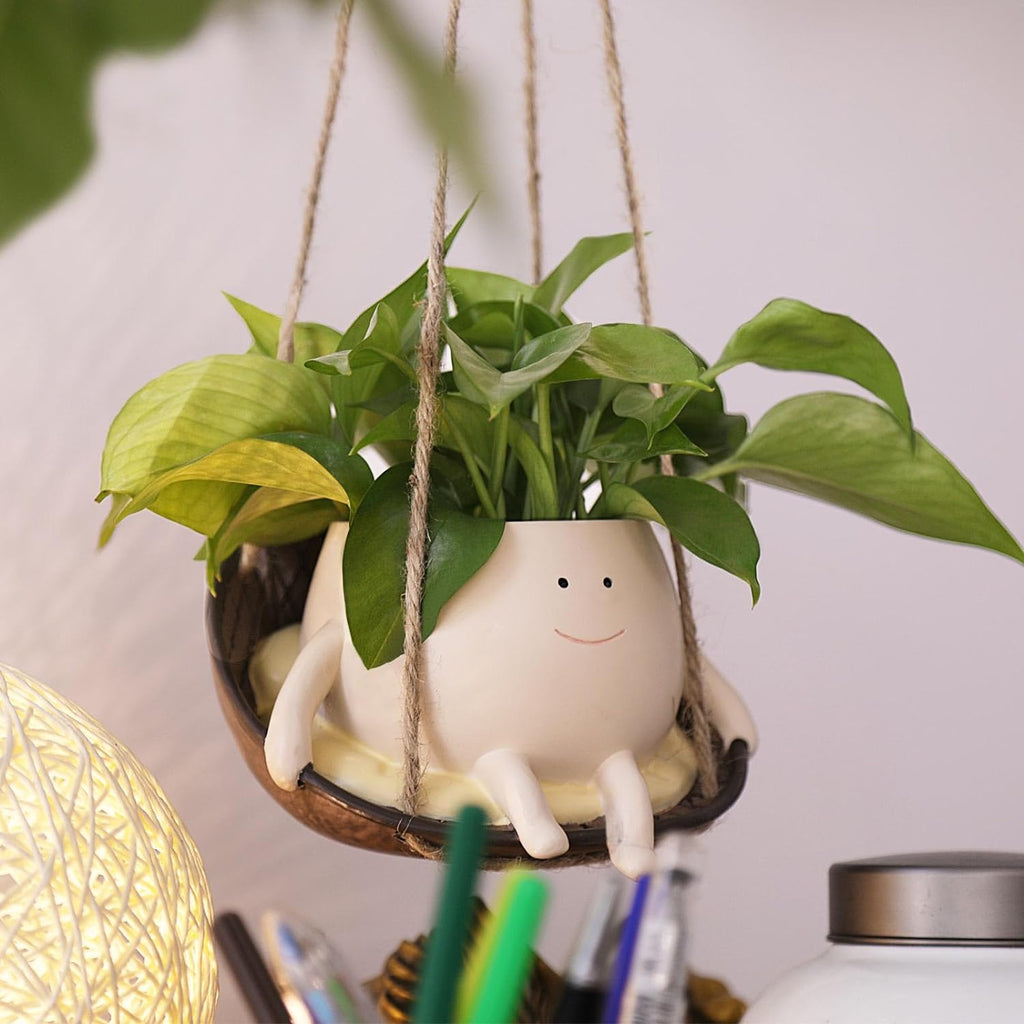 Hanging Swing Chair Planter Pot Smile Face Plant Pot for Indoor Outdoor Plants Cute Head Flower Pots U3425