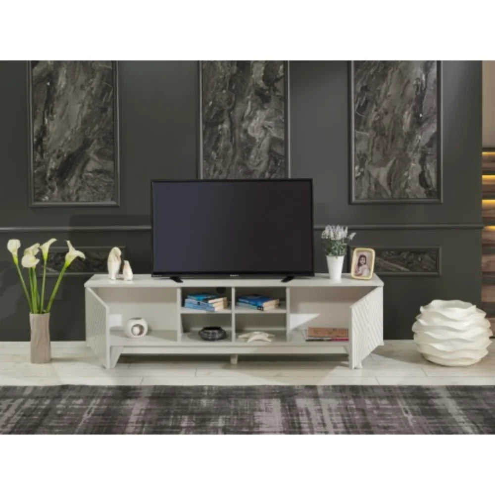 Mid Century Modern Tv Stand 2 Door Cabinet 4 Cubby Hole Shelves 67 inch Tv Unit, Grey S4401