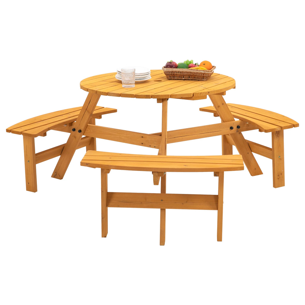 6-Person Circular Wooden Picnic Table with 3 Built-in Benches V97946