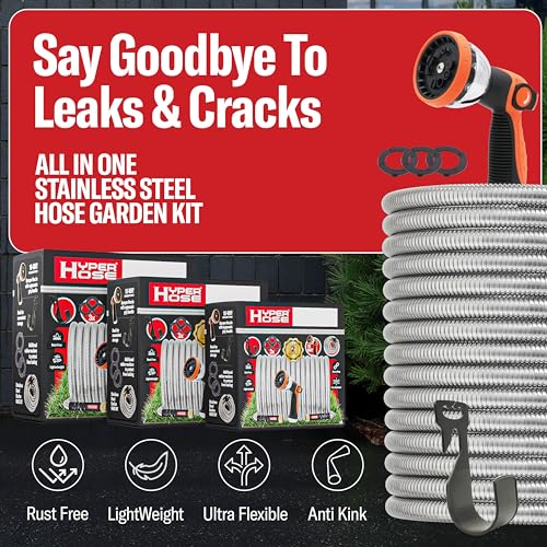 100 ft Stainless Steel Garden Hose Set with Spray Nozzle & Hook T8238
