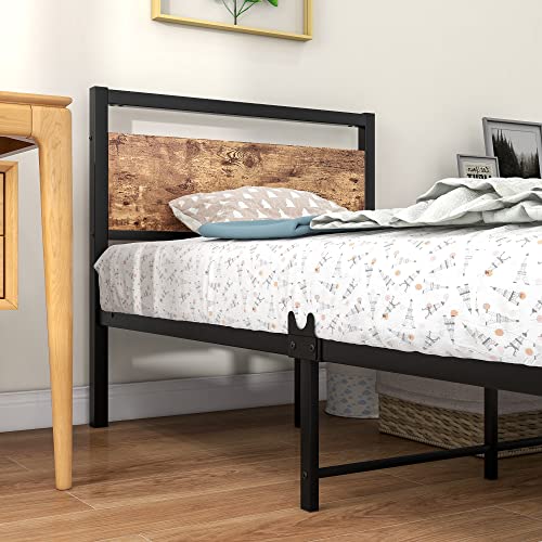 Queen Size Metal Platform Bed Frame with Wooden Headboard and Footboard, Black B382936