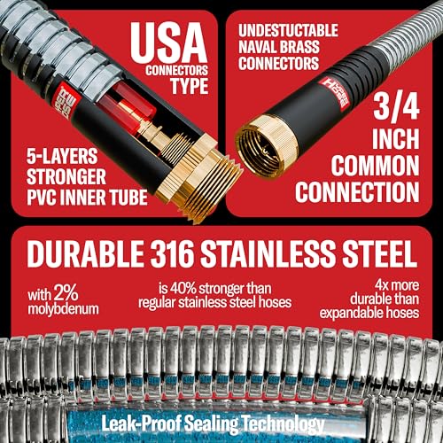 100 ft Stainless Steel Garden Hose Set with Spray Nozzle & Hook T8238