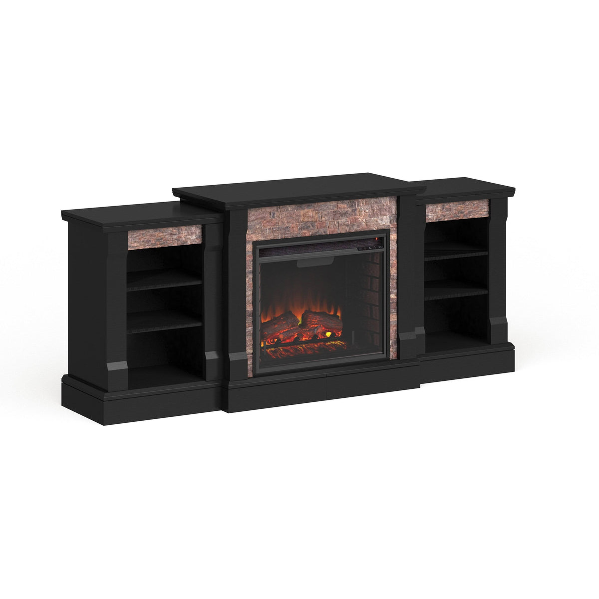Black Faux Stone Electric Fireplace with Bookcases N72108
