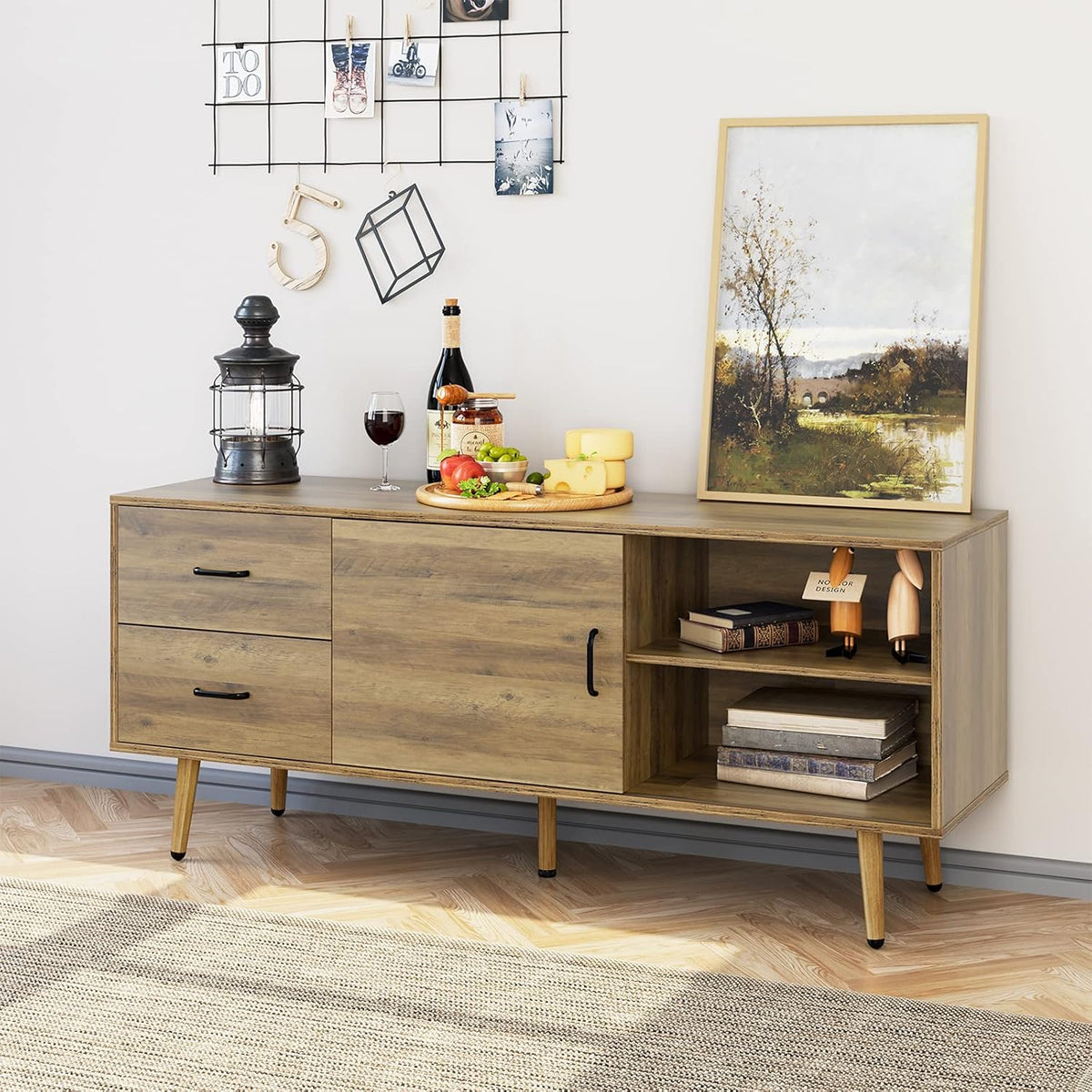 Mid Century Modern Wood TV Stand with Sliding Door W3597
