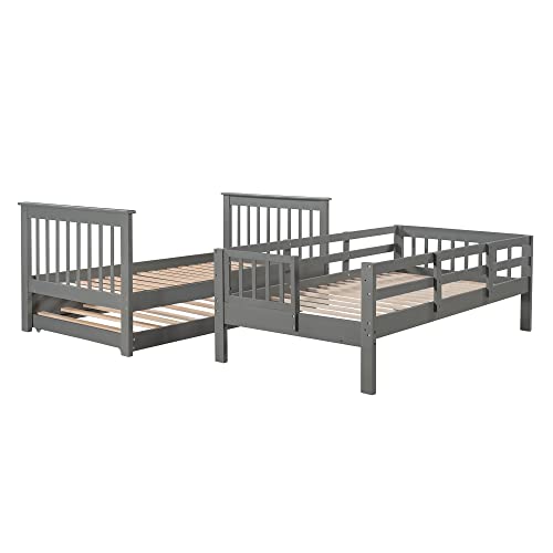 White Twin Over Twin Solid Wood Bunk Bed with Stairs and Trundle I985680
