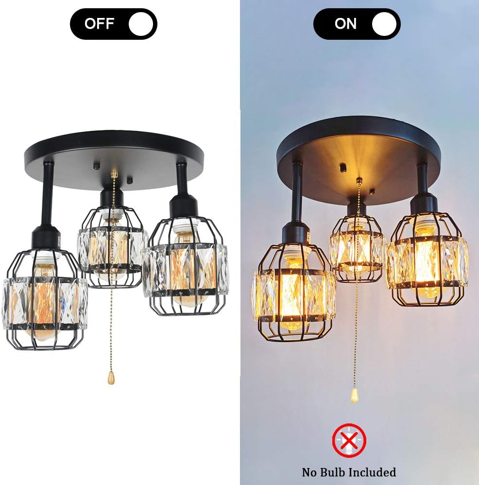 Black Metal Round Semi Flush Mount Ceiling Light with Pull Chain 3 Lights E26 L35696