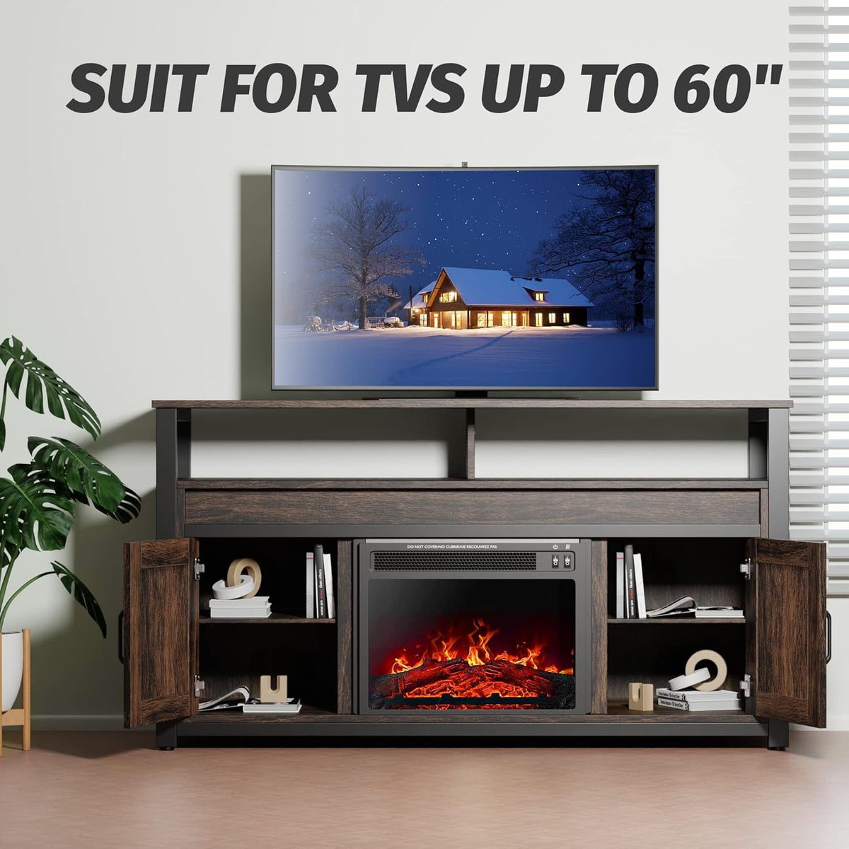 Industrial Rustic Electric Fireplace TV Stand with Open Storage Shelves and 2 Cabinets L686
