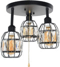 Black Metal Round Semi Flush Mount Ceiling Light with Pull Chain 3 Lights E26 L35696